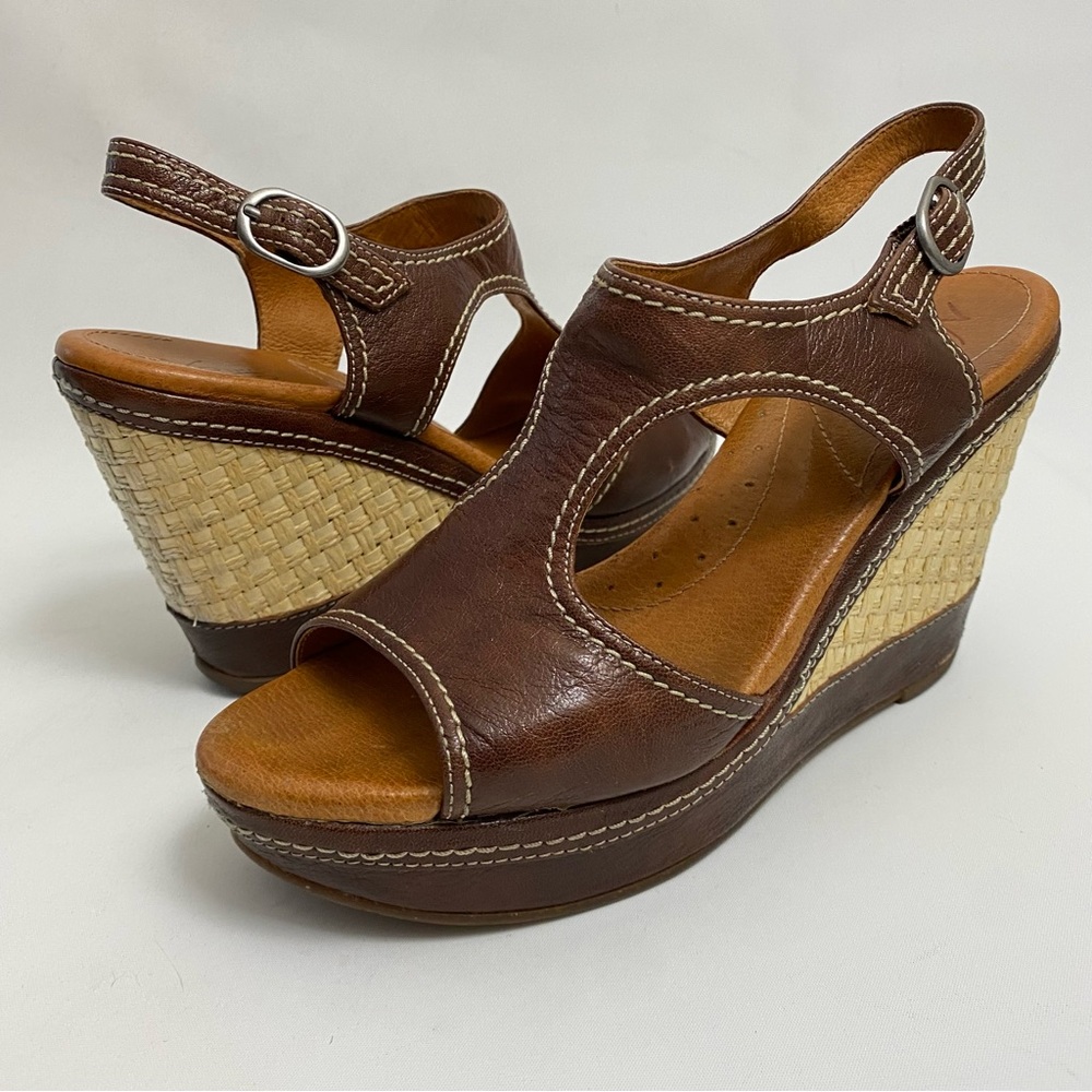 NAYA Platform Wedge Sandals Size 10 M Ankle Strap Brown Leather Open Toe Womens